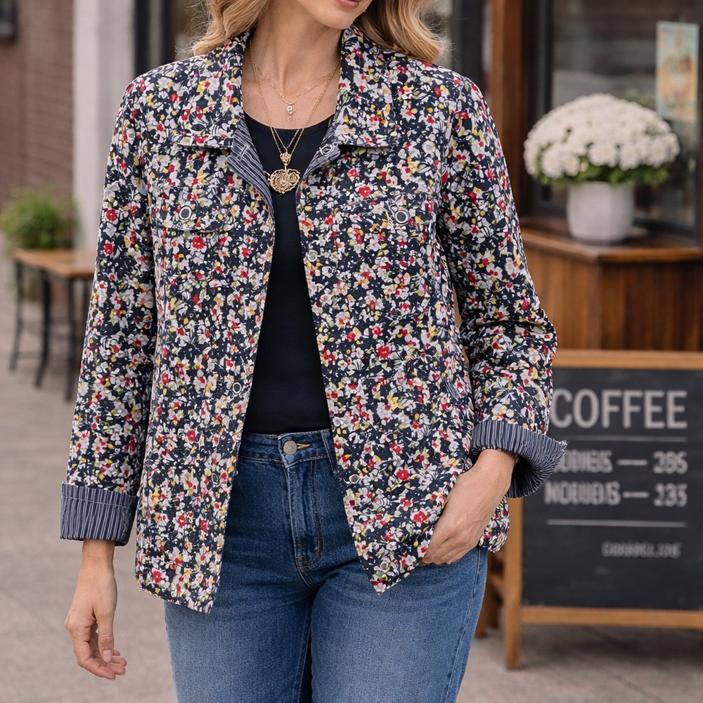 Christopher & Banks Navy Striped and Floral Reversible Quilted Jacket
